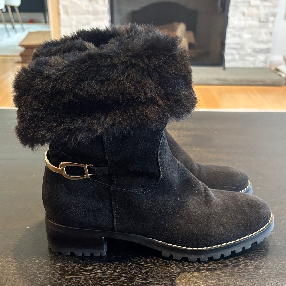 Talbots Black Suede Faux Fur Cuff Ankle Boots